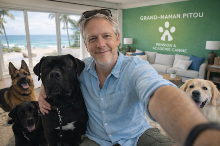 Instructeur et quatre chiens dans le local de Grand-Maman Pitou